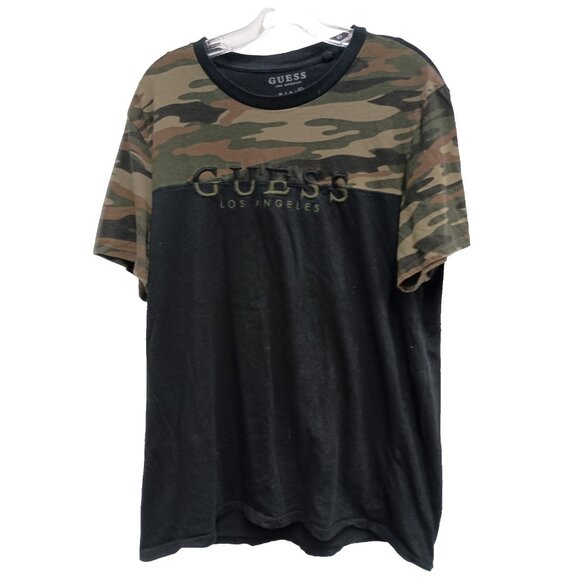 Guess Mens Y2K T-Shirt Size XL Black Camo Embroidered Logo Grunge Short Sleeve - Picture 1 of 5